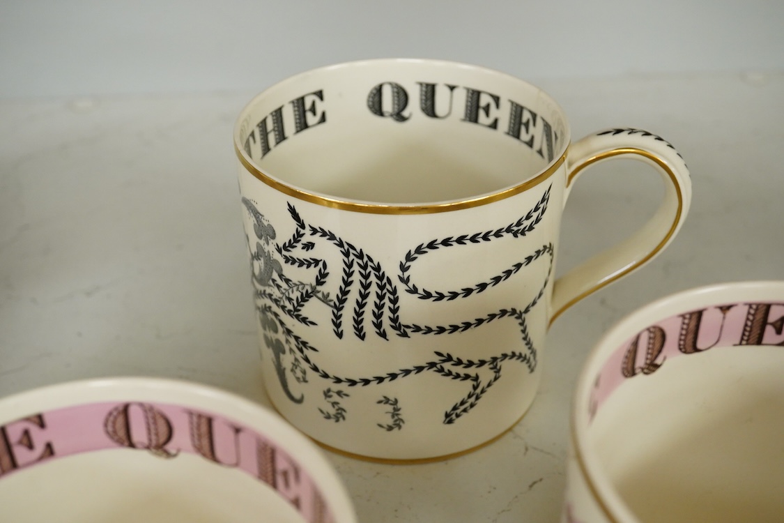 Six Wedgwood Commemorative mugs comprising Eric Ravilious 1953 Coronation of Queen Elizabeth examples and a 1939 Garden Implements example, largest 12cm high (four a.f)